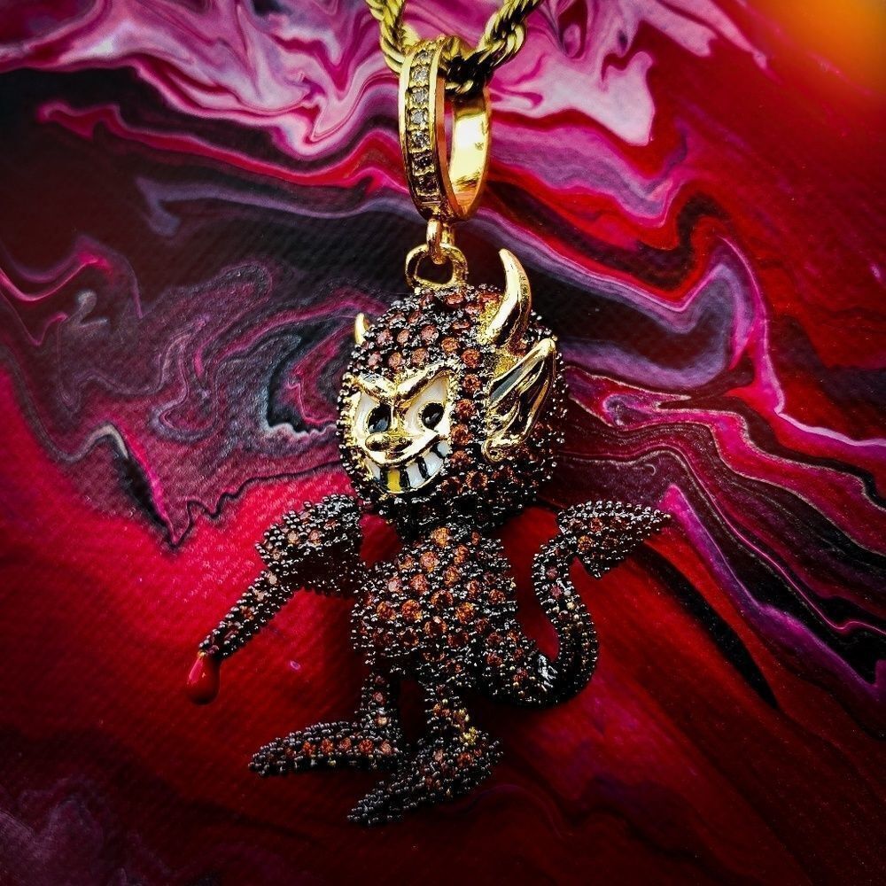14k Gp Iced Out Lil Red Devil Necklace